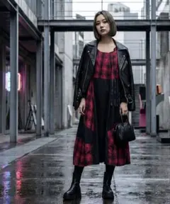 【モード系】撥水ナイロン 変形チェックワンピース＆シアー袖トップス セットアップ