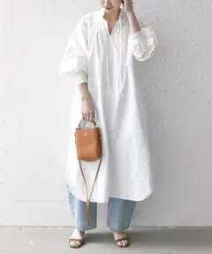 SHIPS anyオックス ピンタック スタンドカラー シャツ ワンピース