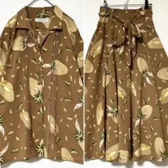 美品 カネコイサオ 麦わら帽子柄 セットアップ 開襟ブラウス ロングスカート 茶