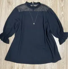 ブラウス黒シフォン　胸元レース　Lサイズ