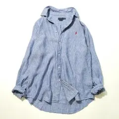 美品 ポロ ラルフローレン リネン ストライプ シャツ ポニー刺繍　長袖 大きめ