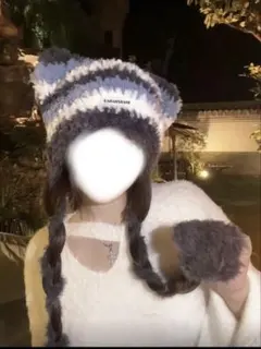 猫耳 ストライプ ふわふわイヤーマフ ダブルポンポン付き ニット帽 青とピンク