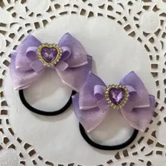 ハンドメイド ヘアゴム オーガンジーリボン ピンク パープル ハートa450