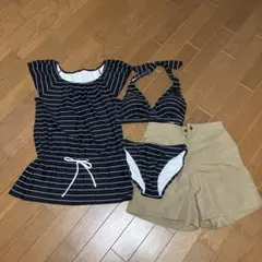 ストライプボーダービキニセットアップ ワンピース ズボン 水着Ｍサイズ4点セット
