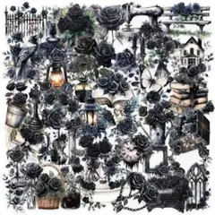 【U05】シール 50枚 PETステッカー 黒薔薇 アンティーク コラージュ素材