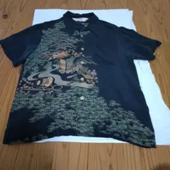め0525着物リメイク正絹黒留袖江戸褄御所解網代舟草花文アロハシャツ