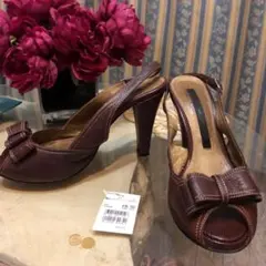 サンダル ダブスタ　sov. レザー　ブラウン　リボン