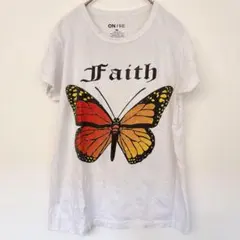 オンファイア フェイス 蝶プリント Tシャツ 白 M 半袖 バタフライ 古着