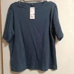 UNIQLO リブボートネックT 五分袖 3XL ブルー