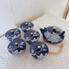 277/未使用 香蘭社茶器セット 瑠璃白薔薇　バラ 急須　蓋つき湯呑　5客茶器揃