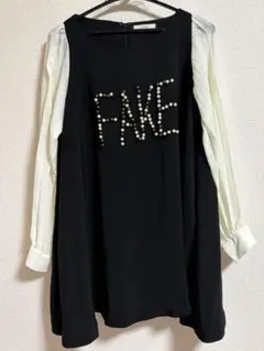 【ゆったり】長袖シャツ FAKE パール装飾 黒