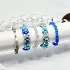 ビーズリング5点1セット　水色×灰色