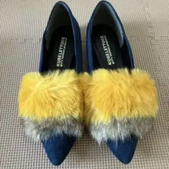 【新品】神戸レタス　走れるポインテッド　フラットファーパンプス　バイカラー　紺黄