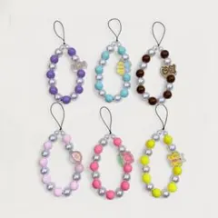 【6点セット★ハンドメイドビーズストラップ パール×カラフルチャーム】