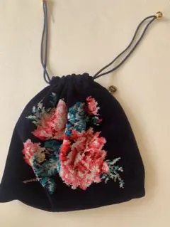 花柄　ダークネイビー　巾着　ポーチ