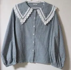 エヘカソポ チェックアソートビッグ襟ブラウス グリーン