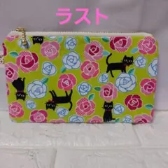 フラットポーチ 黒猫と花 黄緑
