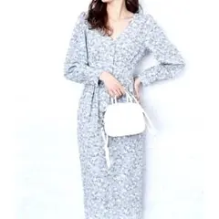 ココディール 花柄 Vネック グレーブルー レースアップワンピース M