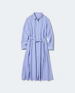 UNIQLO ストライプコットンAラインシャツワンピース（長袖）Mサイズ ブルー