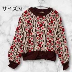 ヴィンテージ❣️【M】幾何学模様 長袖ニットセーター 90s レトロ 昭和 総柄