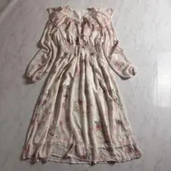 春色 花柄ロングワンピース M 薄ピンク シャーリング フレア 美品