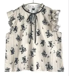 SHEIN XL 花柄フリルブラウス リボン付き 半袖 アイボリー×ブラック