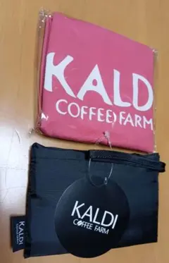 新品　未使用　KALDI エコバッグ 2点セット コットンピンク+ ブラックのサムネイル