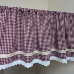 カフェカーテン　ドビーチェック生地×花刺繍デザインレース　113×46cm