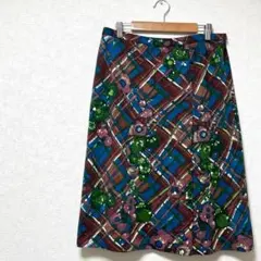 スカート 膝丈　フレア　レトロ　チェック　花柄　総柄　ブラウン　カジュアル　F