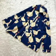 【美品】 アヒル柄 総柄シャツ 長袖 ネイビー ビッグシルエット ユニセックス