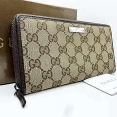 【美品】GUCCI　長財布 ラウンドファスナー GG キャンバス　ブラウン