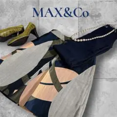 【MAX&Co】抽象的パターン ボックスプリーツスカート　ネイビーピンクグリーンのサムネイル