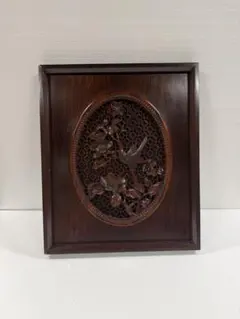 L607」長期保管品 時代 中国 在銘 色絵 花鳥図 陶板 金具 唐木額 2枚