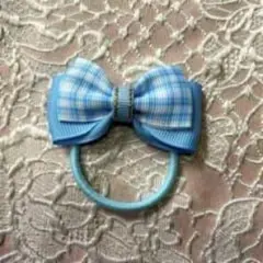 水色 チェック柄リボン ヘアゴム