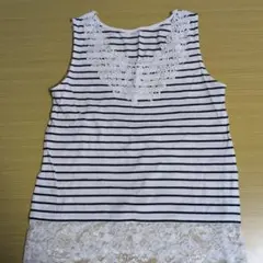 タンクトップ Lサイズ 白紺ボーダー レース