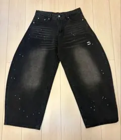 ダメージ加工ダークグレーワイドデニムパンツ