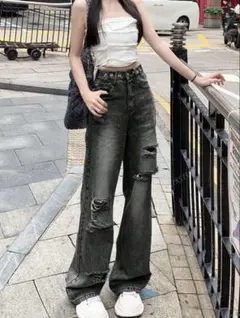 SHEIN ダメージデニム BLACK