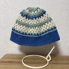 バケハ　帽子　かぎ針編み　ハンドメイド　新品　コットン　青　春夏　綿　ボーダー
