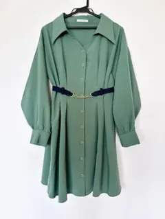 グリーン シャツワンピース チュニック長袖 ベルト付き