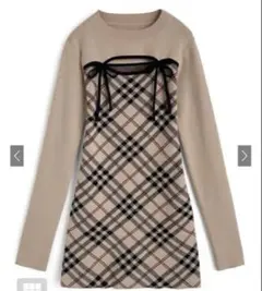 チェック柄フロントオープンリボンニットミニワンピース[ru1372] 即日発送
