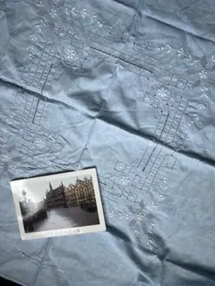 フランスアンティーク 刺繍　ドロンワーク 薄いブルー　テーブルクロス　ブルー