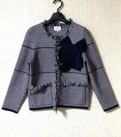 美品　LANVIN　ランバンオンブルー　ノーカラーニットジャケット　千鳥柄リボンのサムネイル