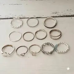 12個セット◆ハートや蝶のモチーフリング デザインリング パール風 シルバー色