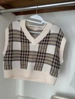 チェック柄 ニットベスト Vネック