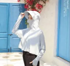 XL UVカット 水色 フード付き フェイスカバー付き 指穴あり ラッシュガード