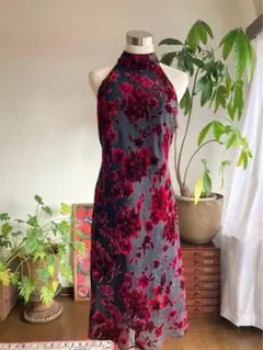 花柄 オーガンジー オープンバック 膝下丈 ワンピース ドレス ブラック J85