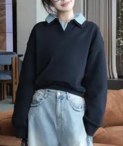 callautia シャツレイヤードクロップド丈オーバーサイズスウェットトップス