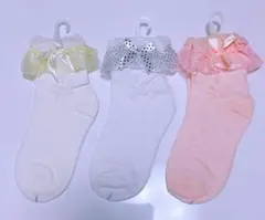 女の子フリルレースソックス16-18リボン コットン靴下 発表会 結婚式　91号