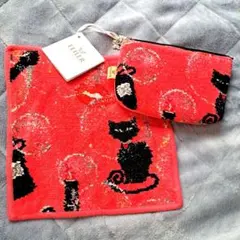 FEILER シュニール織り タオルハンカチ➕ポーチセット黒猫 コーラルピンク