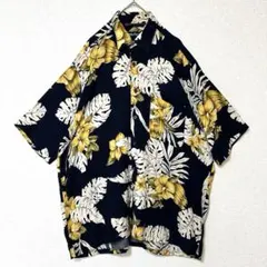 90s ノーティカ レーヨン 総柄 アロハシャツ XL相当 紺 ボタニカル柄のサムネイル